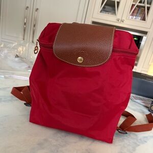 Longchamp Red Backpack with Brown Flap
